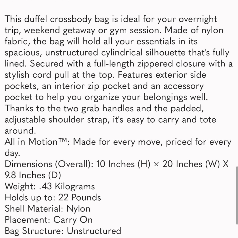All In Motion Black Gym Duffel Bag Weekender Nylon Pockets Crossbody Strap NEW - Picture 3 of 4
